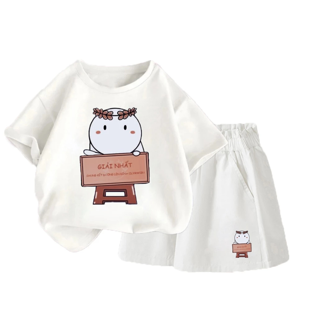 Set Bộ Quần Áo Hè Hình Thỏ Trắng Cầm Bảng Giải Nhất Đơn Giản Dành Cho Cả Bé Trai Và Bé Gái (M 140)