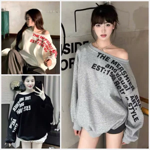 Áo Nỉ Trễ Vai In chữ The Mers 1988 . Áo Sweater Lệch Vai Dáng Rộng Thời Trang Hàn Quốc