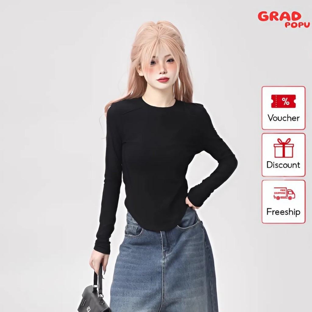 Áo thun nữ dài tay GRADPOPU PTD14 cổ tròn dáng ôm eo thon gọn basic chất thun trơn mềm mịn