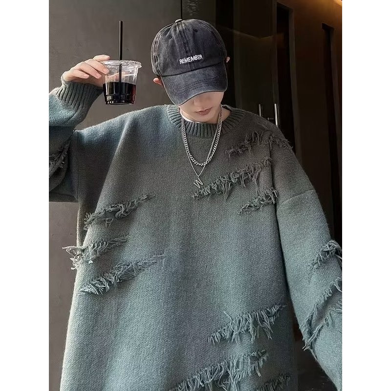 Áo len nam nữ unisex cổ tròn rách tua rua cá tính, áo len đôi basic ...