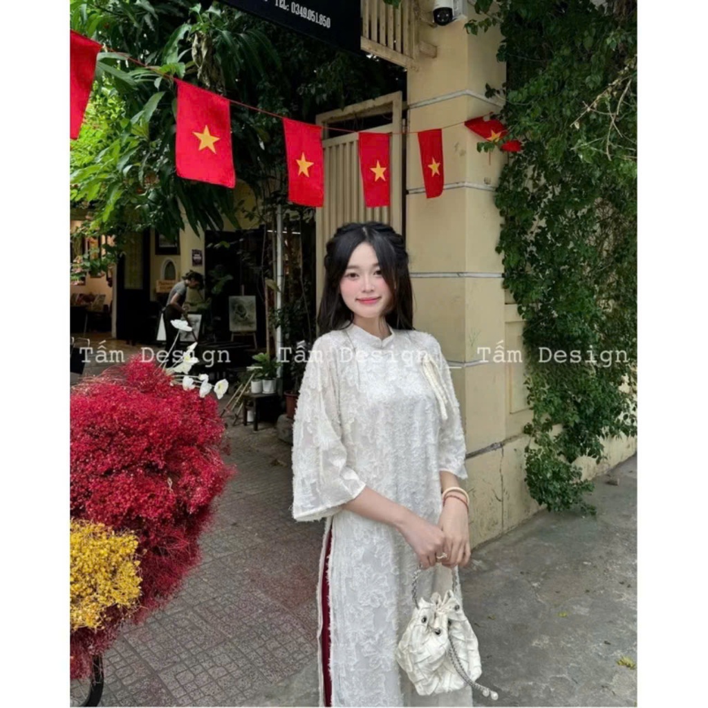 Áo dài Lông Vũ buộc nơ cách điệu Tamdesigner có đính ngọc, gấm hoa sang chảnh kèm quần mới nhất