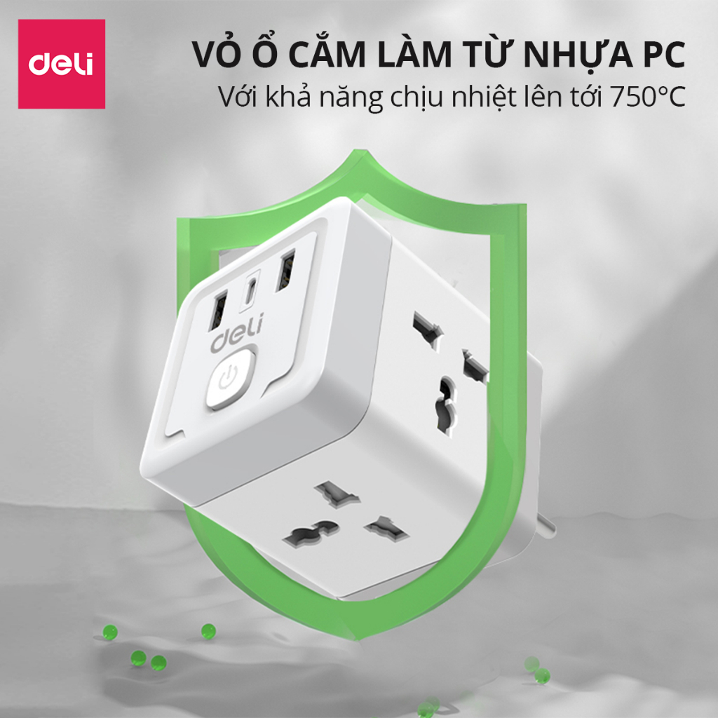 [VOUCHER 30K] Ổ Chia Điện Deli 4 Chấu, Ổ Cắm Mở Rộng Tích Hợp Cổng USB &TypeC Tiện Lợi, Chống Giật An Toàn Cho Trẻ