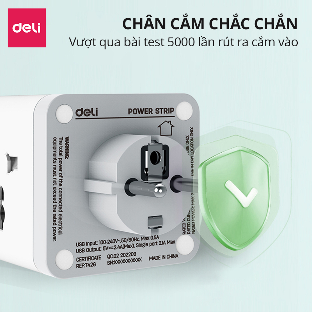 [VOUCHER 30K] Ổ Chia Điện Deli 4 Chấu, Ổ Cắm Mở Rộng Tích Hợp Cổng USB &TypeC Tiện Lợi, Chống Giật An Toàn Cho Trẻ