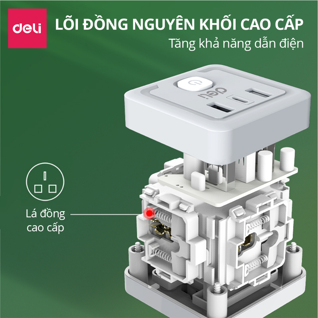 [VOUCHER 30K] Ổ Chia Điện Deli 4 Chấu, Ổ Cắm Mở Rộng Tích Hợp Cổng USB &TypeC Tiện Lợi, Chống Giật An Toàn Cho Trẻ