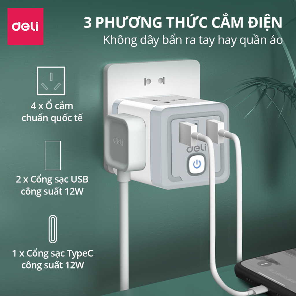[VOUCHER 30K] Ổ Chia Điện Deli 4 Chấu, Ổ Cắm Mở Rộng Tích Hợp Cổng USB &TypeC Tiện Lợi, Chống Giật An Toàn Cho Trẻ