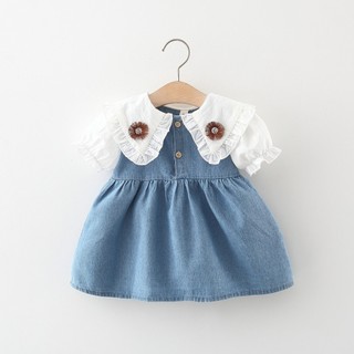Váy denim mùa hè mới có cổ hoa đôi, váy denim cổ búp bê phong cách Hàn Quốc cho bé gái D1038
