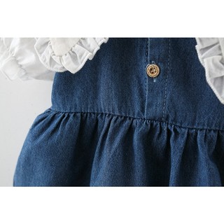 Váy denim mùa hè mới có cổ hoa đôi, váy denim cổ búp bê phong cách Hàn Quốc cho bé gái D1038