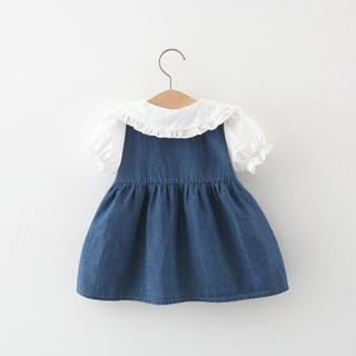 Váy denim mùa hè mới có cổ hoa đôi, váy denim cổ búp bê phong cách Hàn Quốc cho bé gái D1038