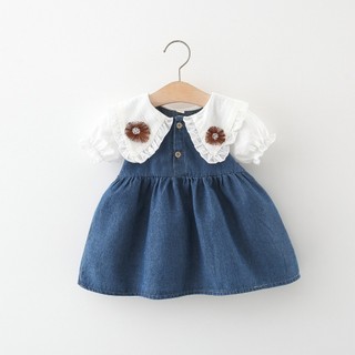 Váy denim mùa hè mới có cổ hoa đôi, váy denim cổ búp bê phong cách Hàn Quốc cho bé gái D1038