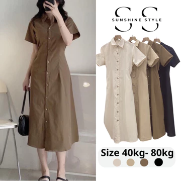 Đầm váy nữ bigsize Sunshine Style váy sơ mi thô đũi cộc tay chun eo dáng dài váy cổ polo 5915