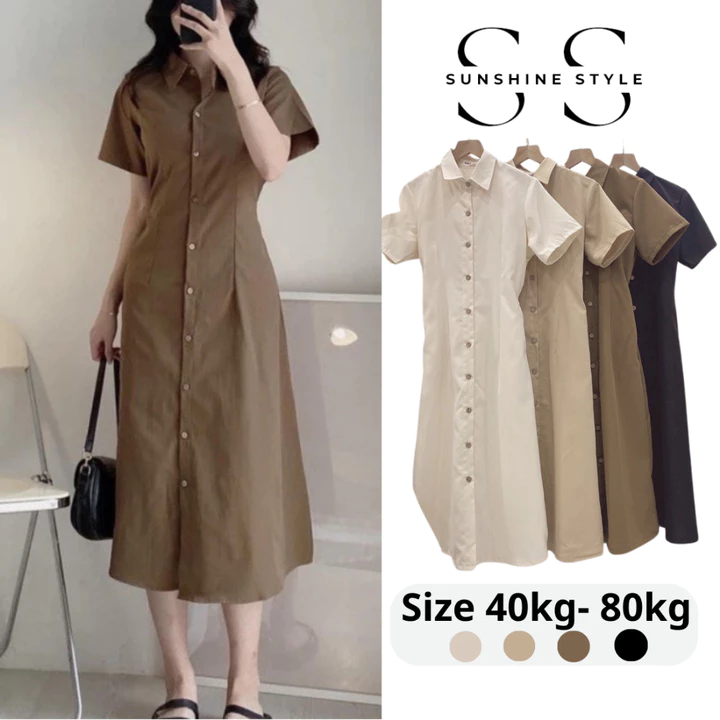 Đầm váy nữ bigsize Sunshine Style váy sơ mi thô đũi cộc tay chun eo dáng dài váy cổ polo 5915