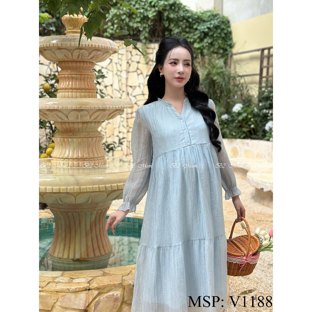 Váy Bầu Tơ Mịn Cổ Bèo Tay Dài, Thiết Kế Mới Cho Mẹ Bầu Hiện Đại V1188 Thiết Kế By B2MUM