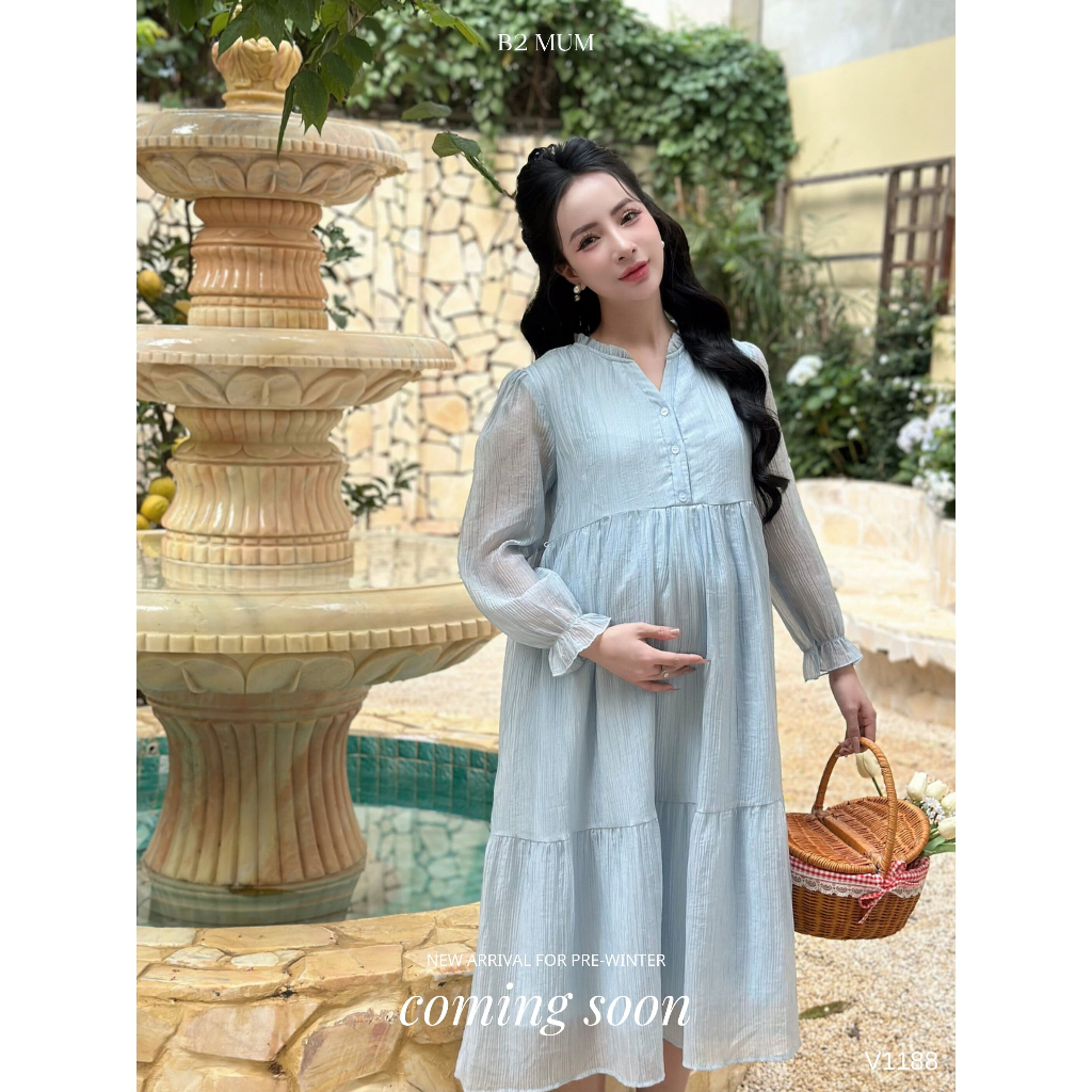 Váy Bầu Tơ Mịn Cổ Bèo Tay Dài, Thiết Kế Mới Cho Mẹ Bầu Hiện Đại V1188 Thiết Kế By B2MUM