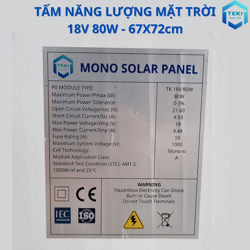 TẤM NĂNG LƯỢNG MẶT TRỜI MONO 18V 80W 67x72cm - TEKI