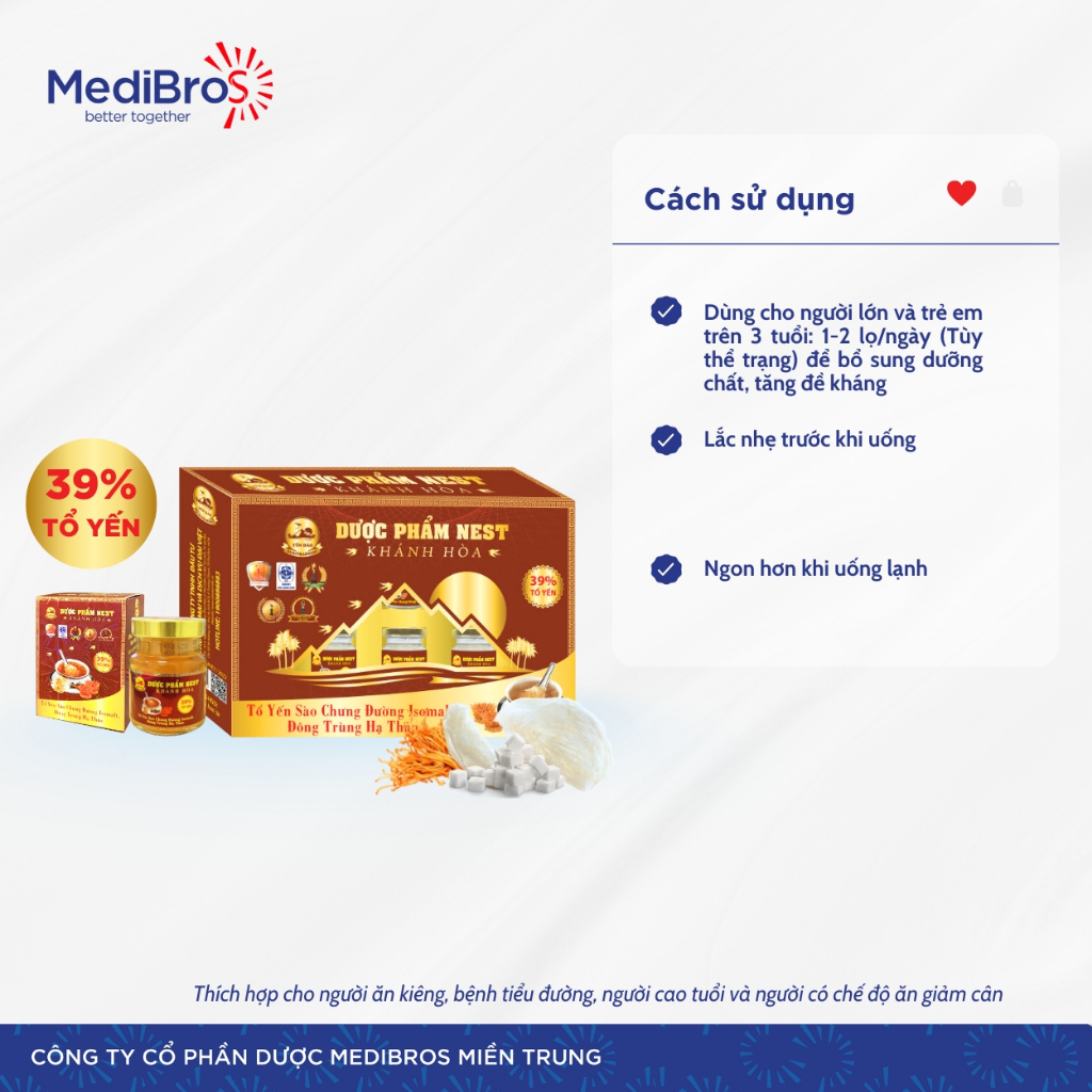 Set Yến Sào Dược Phẩm Nest Khánh Hòa hộp 6 lọ x 70 ml. 39% Tổ Yến Chưng Đường Isomalt, Đông Trùng Hạ Thảo