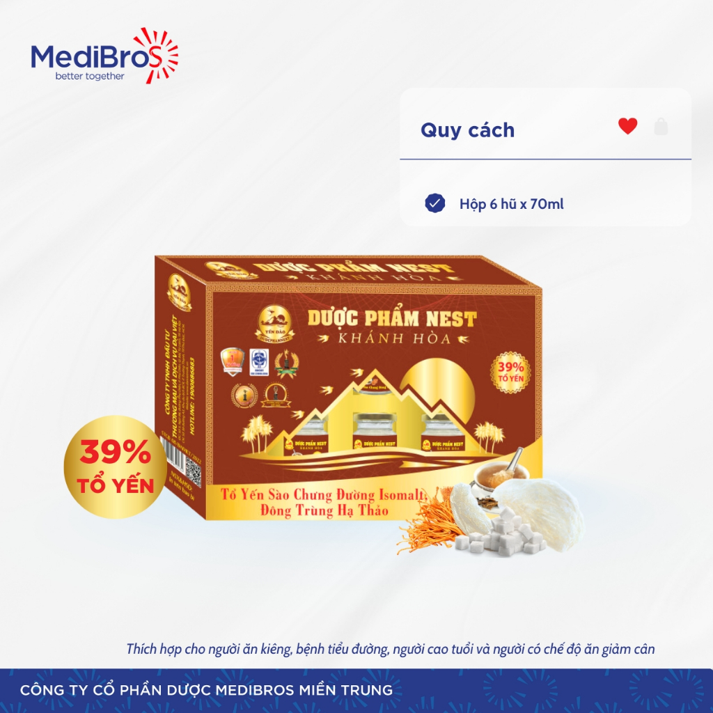 Set Yến Sào Dược Phẩm Nest Khánh Hòa hộp 6 lọ x 70 ml. 39% Tổ Yến Chưng Đường Isomalt, Đông Trùng Hạ Thảo