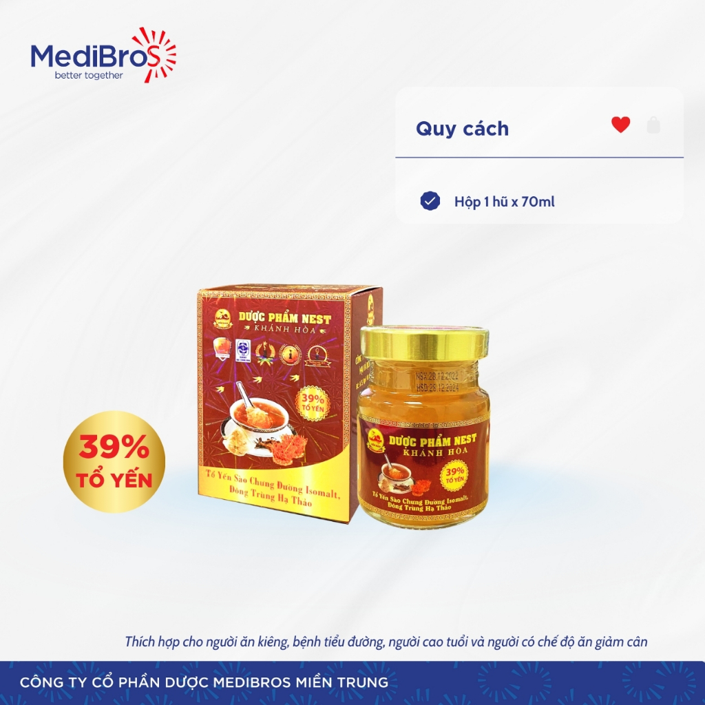 Set Yến Sào Dược Phẩm Nest Khánh Hòa hộp 6 lọ x 70 ml. 39% Tổ Yến Chưng Đường Isomalt, Đông Trùng Hạ Thảo