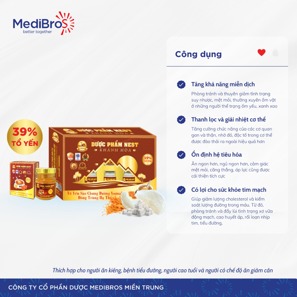 Set Yến Sào Dược Phẩm Nest Khánh Hòa hộp 6 lọ x 70 ml. 39% Tổ Yến Chưng Đường Isomalt, Đông Trùng Hạ Thảo