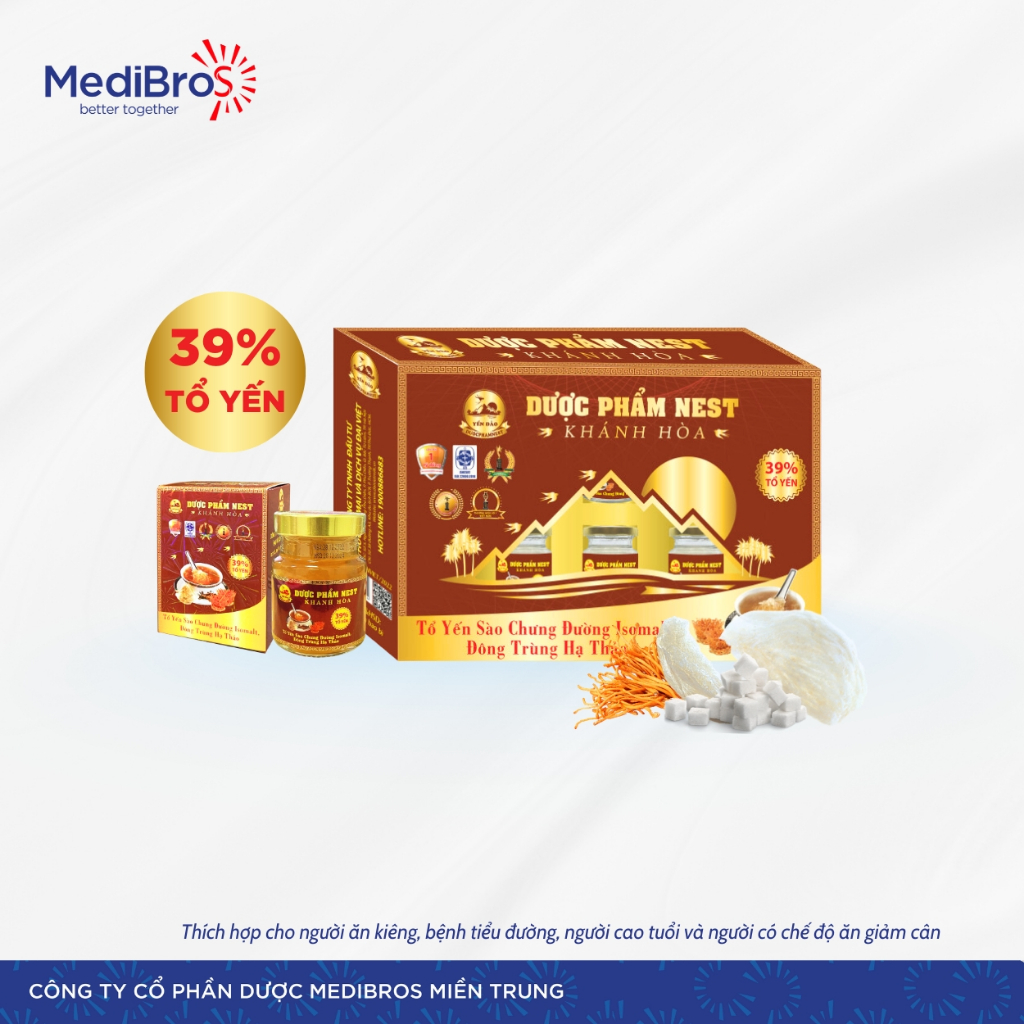 Set Yến Sào Dược Phẩm Nest Khánh Hòa hộp 6 lọ x 70 ml. 39% Tổ Yến Chưng Đường Isomalt, Đông Trùng Hạ Thảo