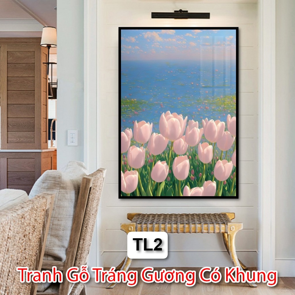 Tranh Gỗ Tráng Gương Có Khung Về Phong Cảnh Và Hoa Tulip Decor Phòng Khách