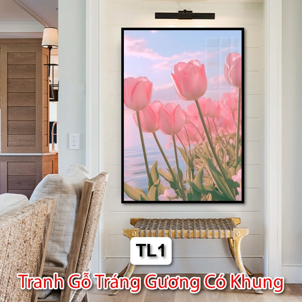 Tranh Gỗ Tráng Gương Có Khung Về Phong Cảnh Và Hoa Tulip Decor Phòng Khách