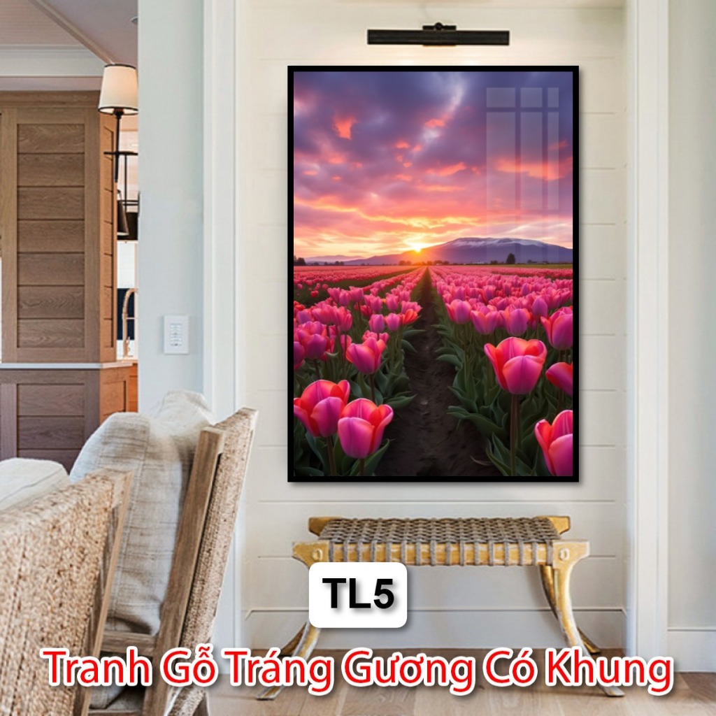 Tranh Gỗ Tráng Gương Có Khung Về Phong Cảnh Và Hoa Tulip Decor Phòng Khách