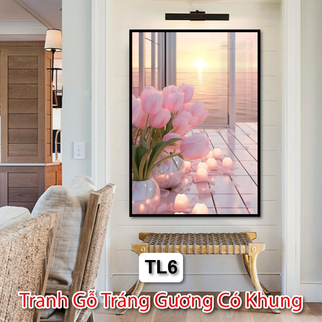 Tranh Gỗ Tráng Gương Có Khung Về Phong Cảnh Và Hoa Tulip Decor Phòng Khách