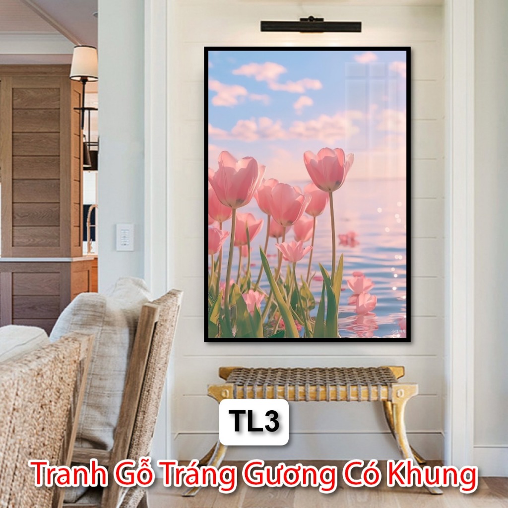 Tranh Gỗ Tráng Gương Có Khung Về Phong Cảnh Và Hoa Tulip Decor Phòng Khách