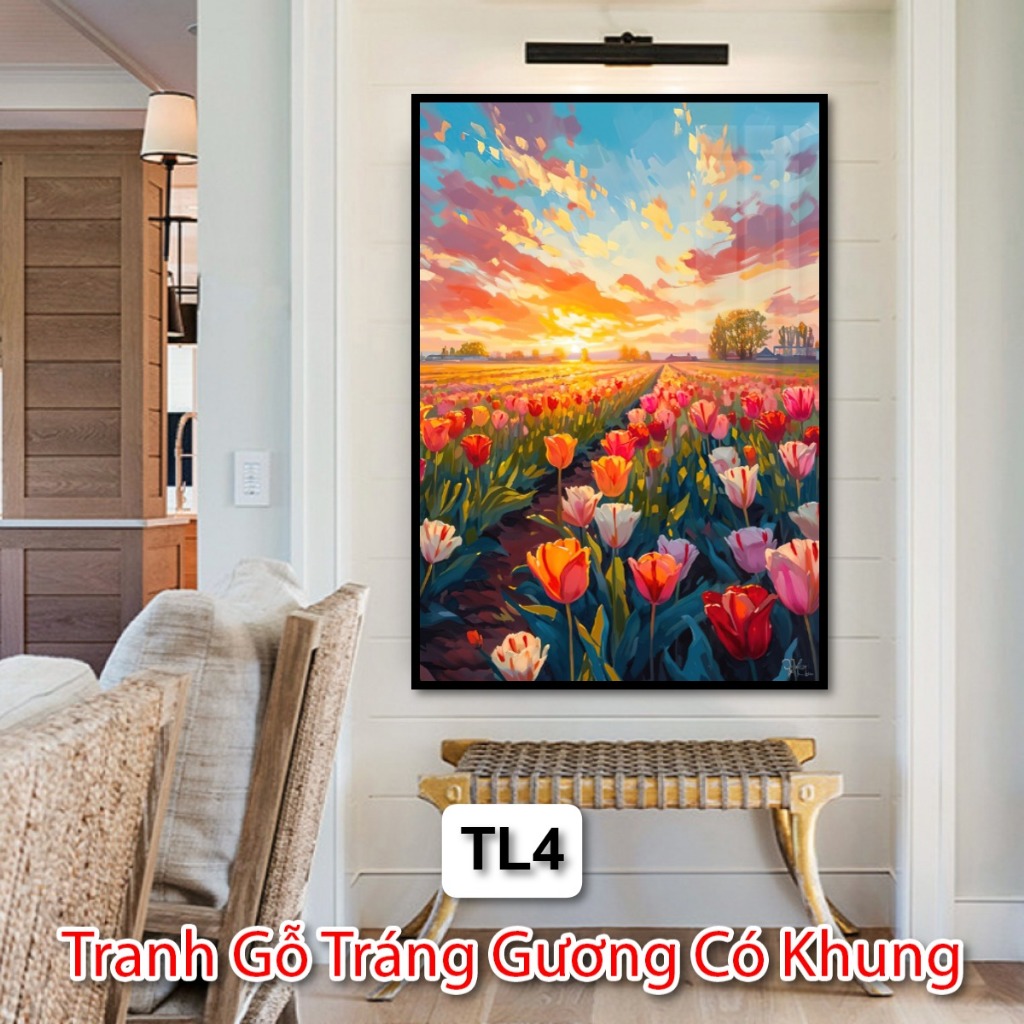 Tranh Gỗ Tráng Gương Có Khung Về Phong Cảnh Và Hoa Tulip Decor Phòng Khách
