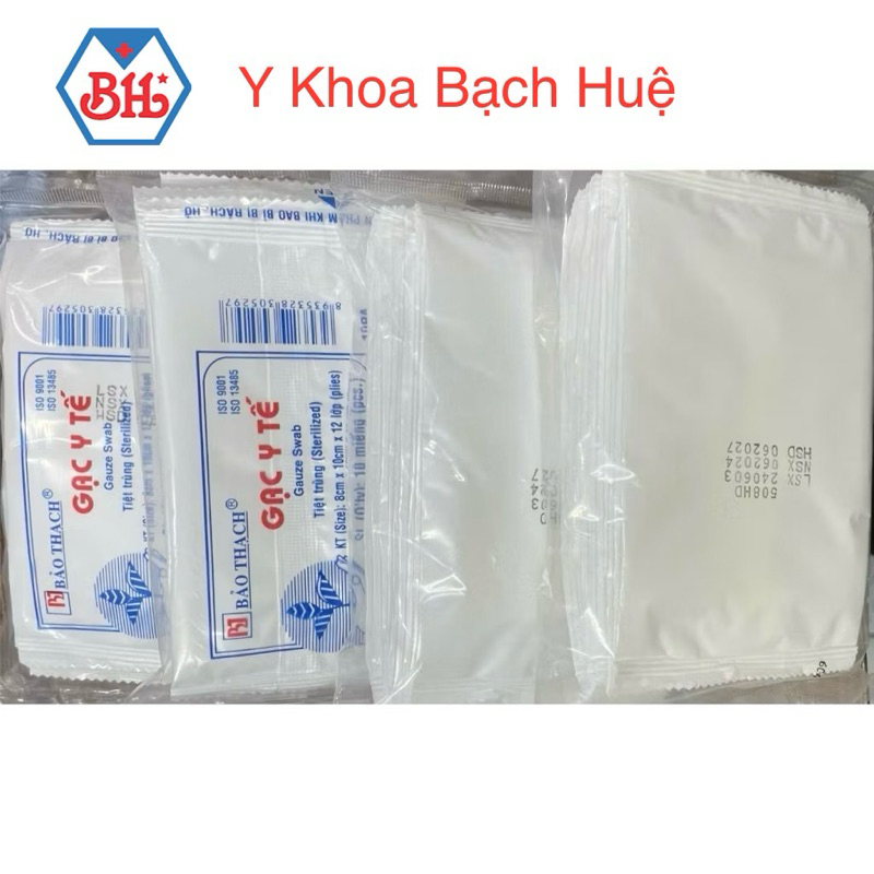 Gạc y tế Bảo Thạch 8x10cmx 12 lớp(Bịch 10 miếng).Gạc y tế tiệt trùng Bảo Thạch hỗ trợ làm sạch vết thương,thấm hút nhanh