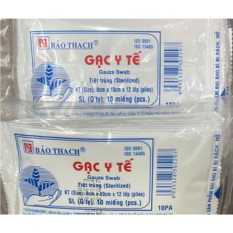 Gạc y tế Bảo Thạch 8x10cmx 12 lớp(Bịch 10 miếng).Gạc y tế tiệt trùng Bảo Thạch hỗ trợ làm sạch vết thương,thấm hút nhanh