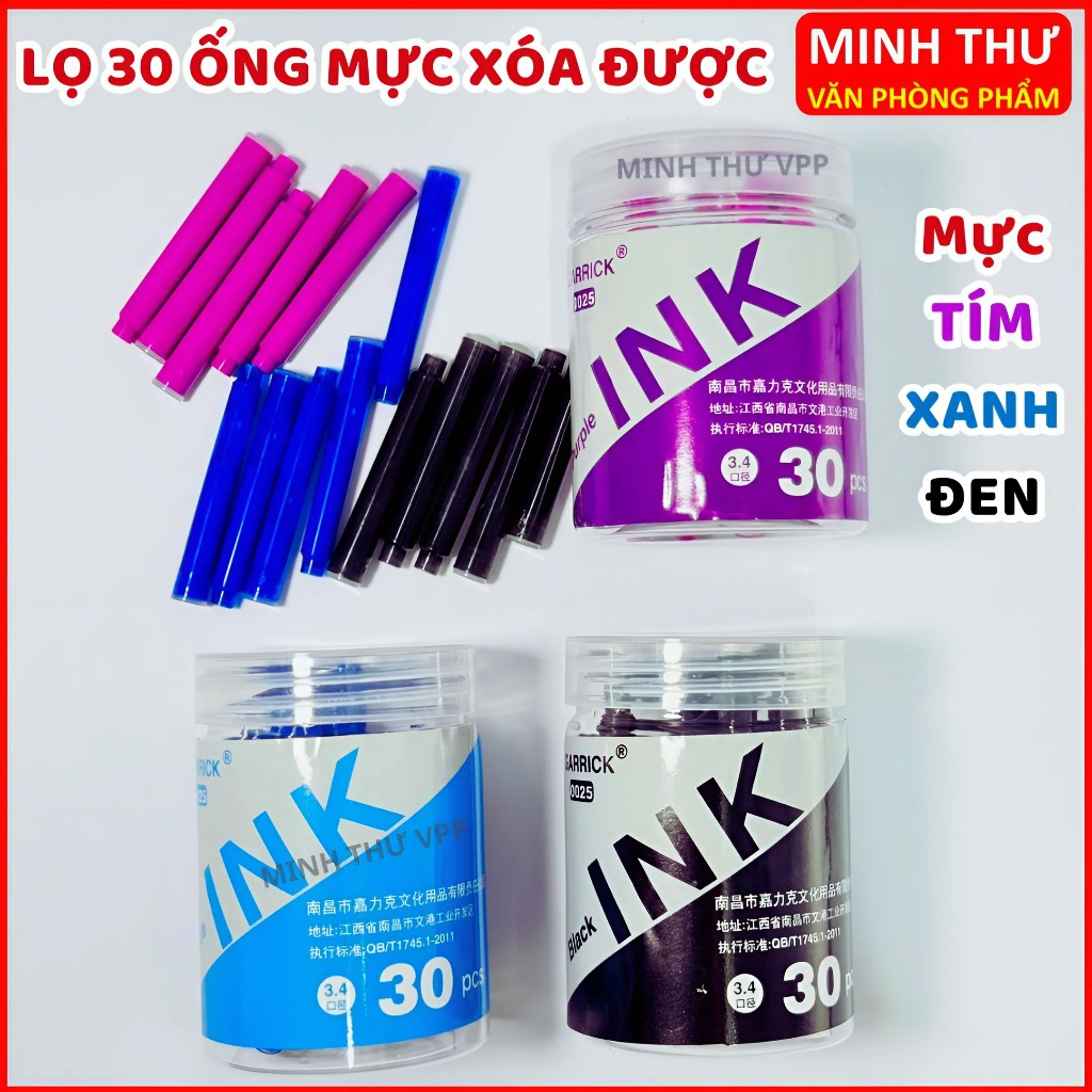 Hộp 30 ống mực xóa được màu xanh tím đen , ống mực bút máy mực tím mực ...