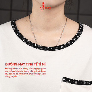 Đồ bộ nữ phối họa tiết chấm bi JASEY, Áo cổ tròn viền hoa nhí quần đen hoa nhí chuẩn size mã 4505