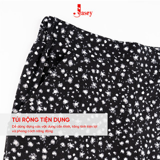 Đồ bộ nữ phối họa tiết chấm bi JASEY, Áo cổ tròn viền hoa nhí quần đen hoa nhí chuẩn size mã 4505