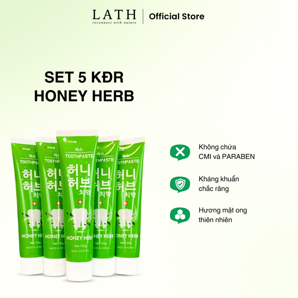 Kem đánh răng Hàn Quốc LATH HONEY HERB TOOTHPASTE SET 5 CÂY 150g x 5