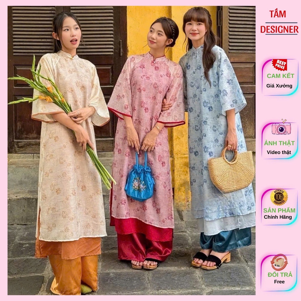 Áo dài voan tơ Hàn Dũ in hình hoa cánh phượng Tamdesigner phối 2 cúc đôi cùng màu áo kèm quần satin,Áo dài cách tân T19