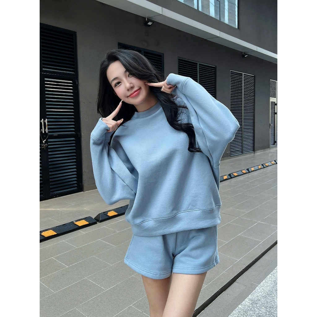 Bộ quần áo nỉ trơn oversize HHVINTAGE kiểu sweater short Set A107