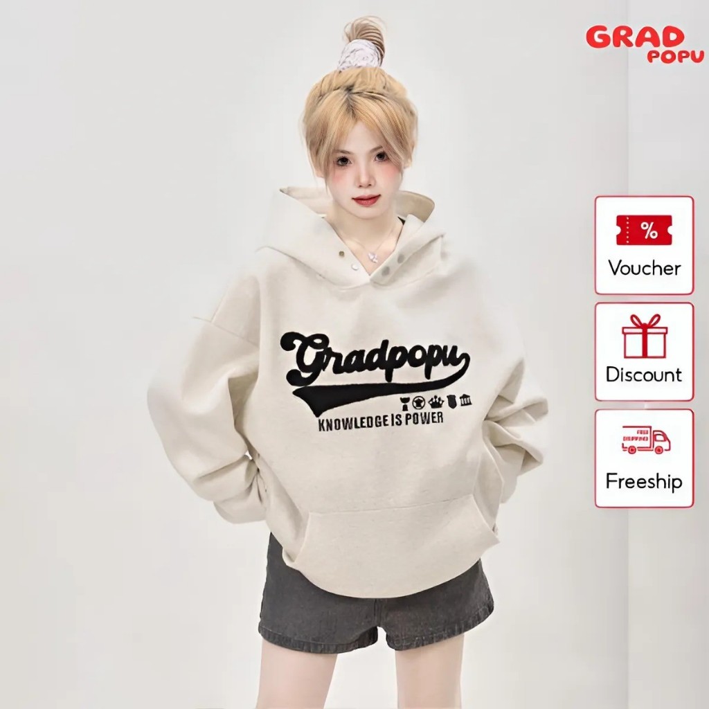 Áo hoodie nữ dày dặn GRADPOPU chất nỉ 2 lớp oversize thêu chữ, form mũ rộng phong cách retro Mỹ PH02