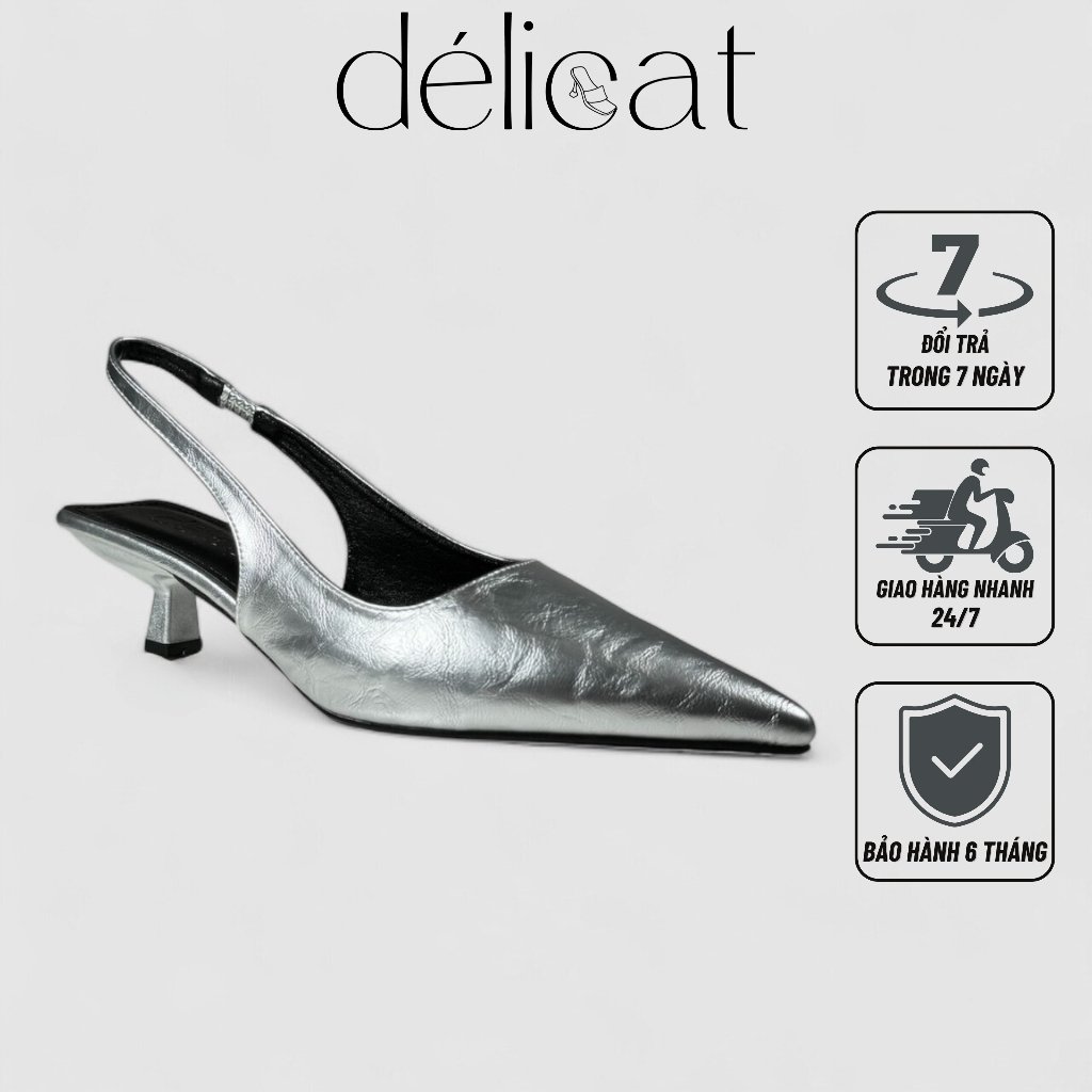(Form bự chấn ốm lùi size) Giày sục Sling Back Heels nữ mũi nhọn Délicat cao 5p sanng trọng D204
