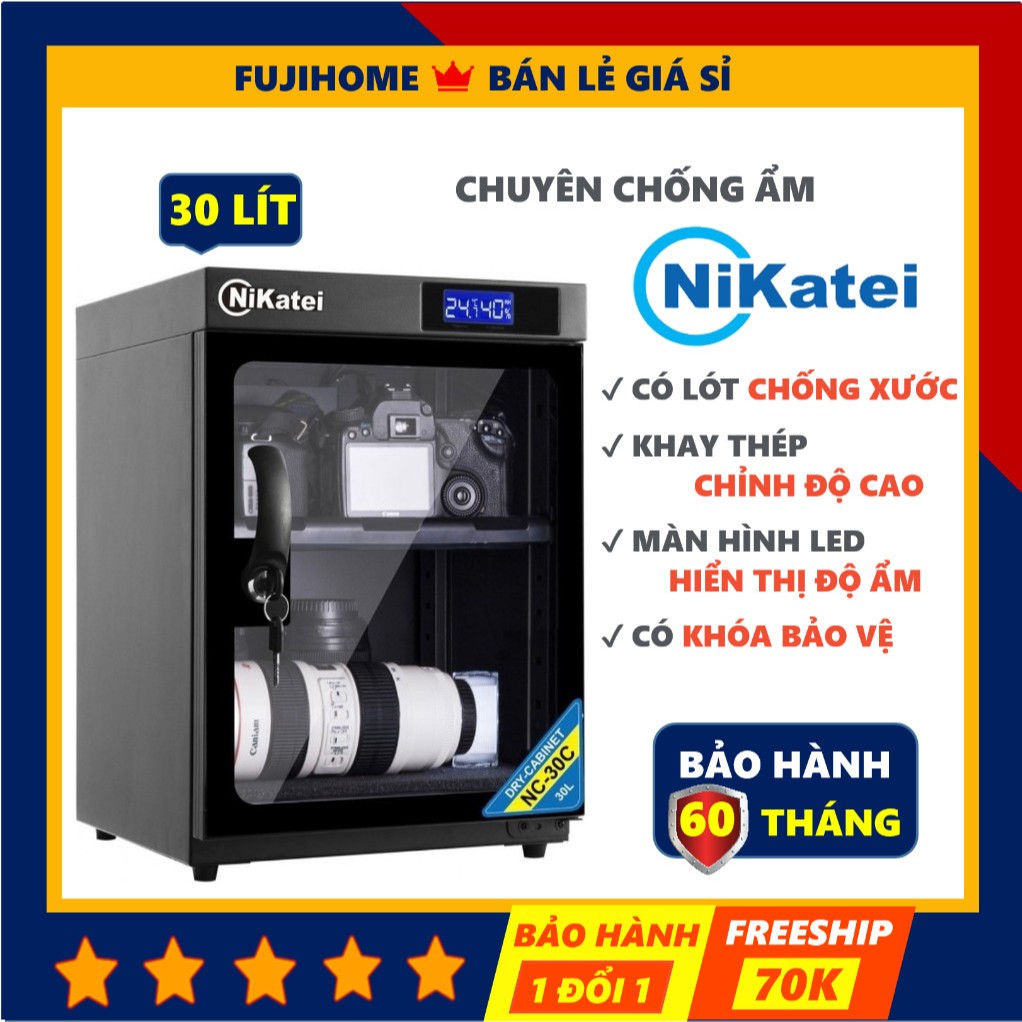 Tủ chống ẩm NC-30S 30Lit, cửa kính 2 lớp chịu va đập, tủ hút ẩm điều khiển độ ẩm giúp bảo vệ máy ảnh