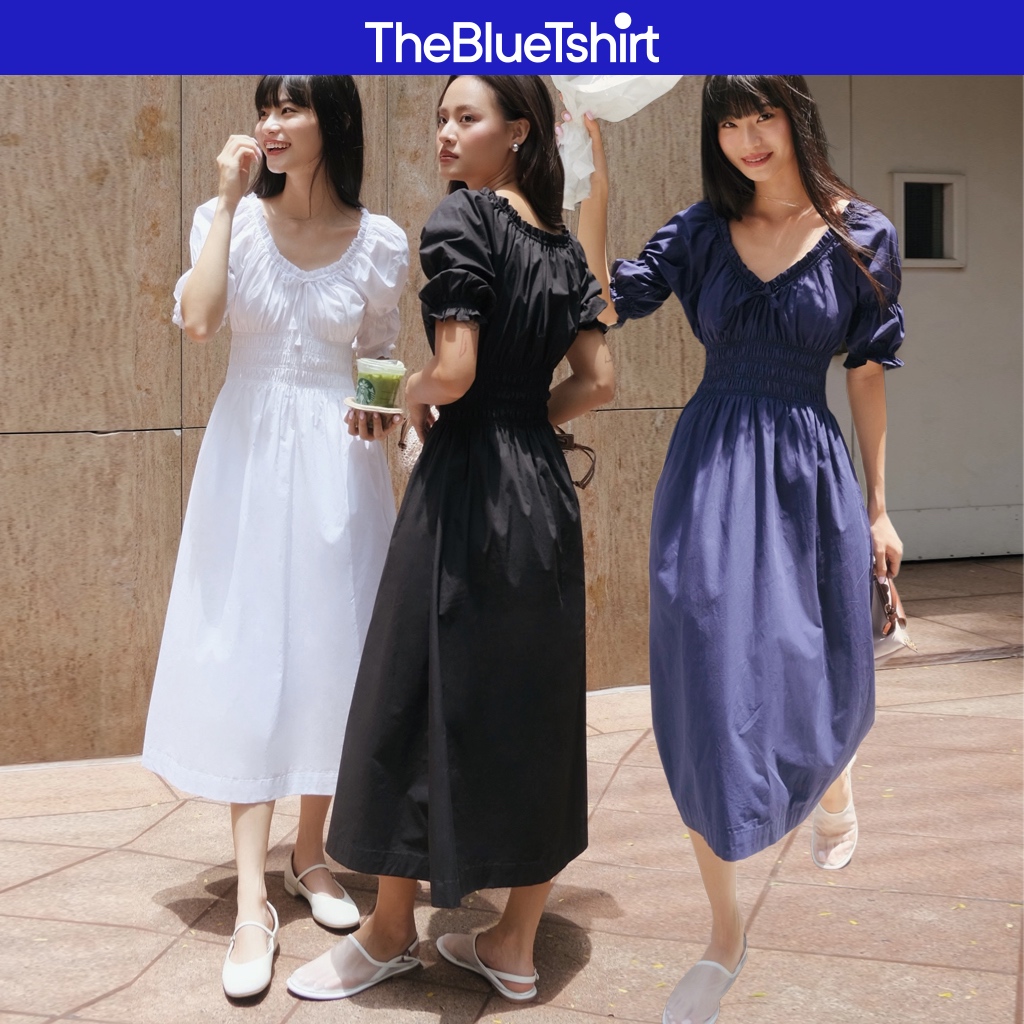 Ảnh TheBlueTshirt - Đầm tay phồng cổ chữ V nhún eo cho nữ - Country Dress - Women 1