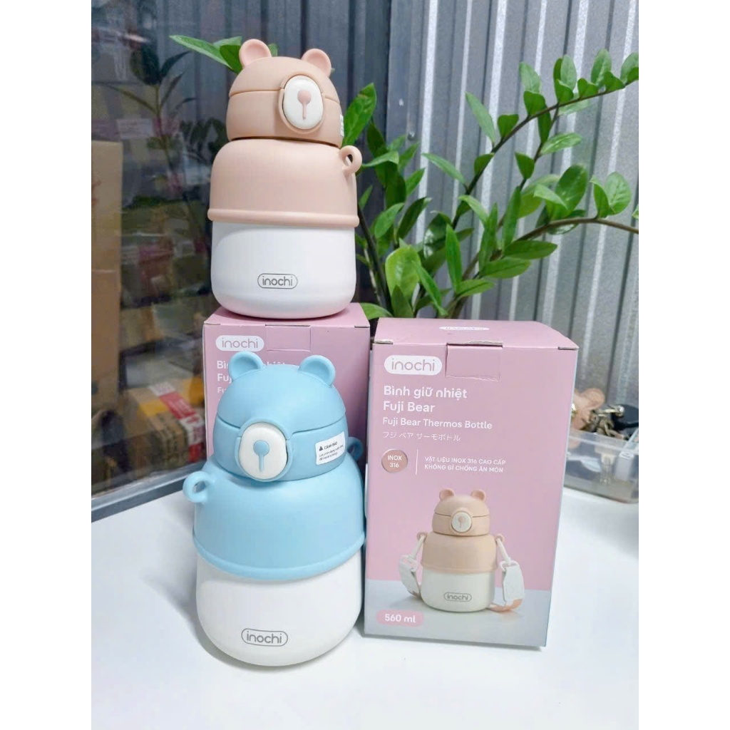 Bình giữ nhiệt inox cao cấp có ống hút và dây đeo tiện lợi cho bé Fuji Bear INOCHI, dung tích 560ml