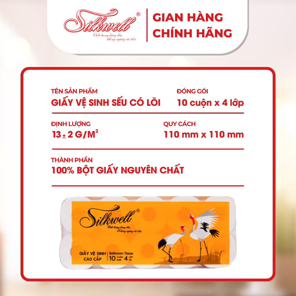 Ảnh Giấy vệ sinh Silkwell Sếu 10 cuộn 4 lớp có lõi hàng cao cấp siêu mềm mịn không tẩy trắng chính hãng 1