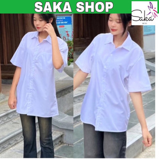 Áo sơ mi trắng from rộng nữ ngắn tay học sinh vải kate mịn mát không nhăn , áo sơ mi học sinh cộc tay màu trắng xanh