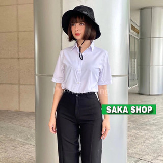 Áo sơ mi trắng from rộng nữ ngắn tay học sinh vải kate mịn mát không nhăn , áo sơ mi học sinh cộc tay màu trắng xanh
