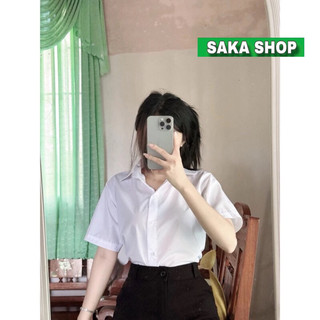 Áo sơ mi trắng from rộng nữ ngắn tay học sinh vải kate mịn mát không nhăn , áo sơ mi học sinh cộc tay màu trắng xanh