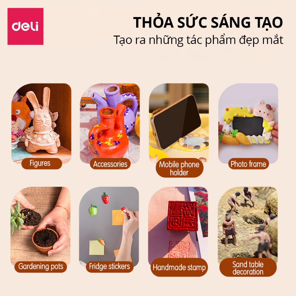 Đất Sét Tự Khô Deli Đất Sét Mỹ Thuật Túi 250/500gr Khô Sau 24H An Toàn Không Mùi Làm Khuôn Nặn Hình Mẫu Thỏa Sức SángTạo