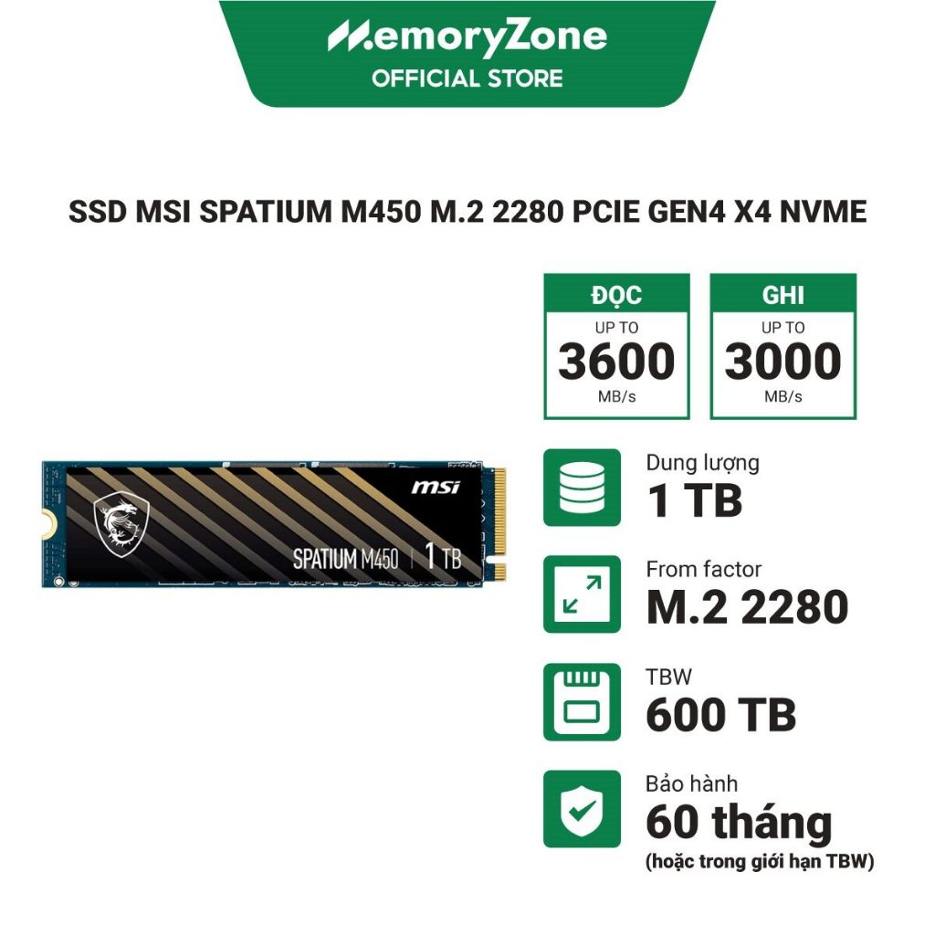 Ổ cứng SSD MSI SPATIUM M450 500GB - 1TB M.2 2280 PCIe Gen4 x4 NVMe | BigBuy360 - bigbuy360.vn