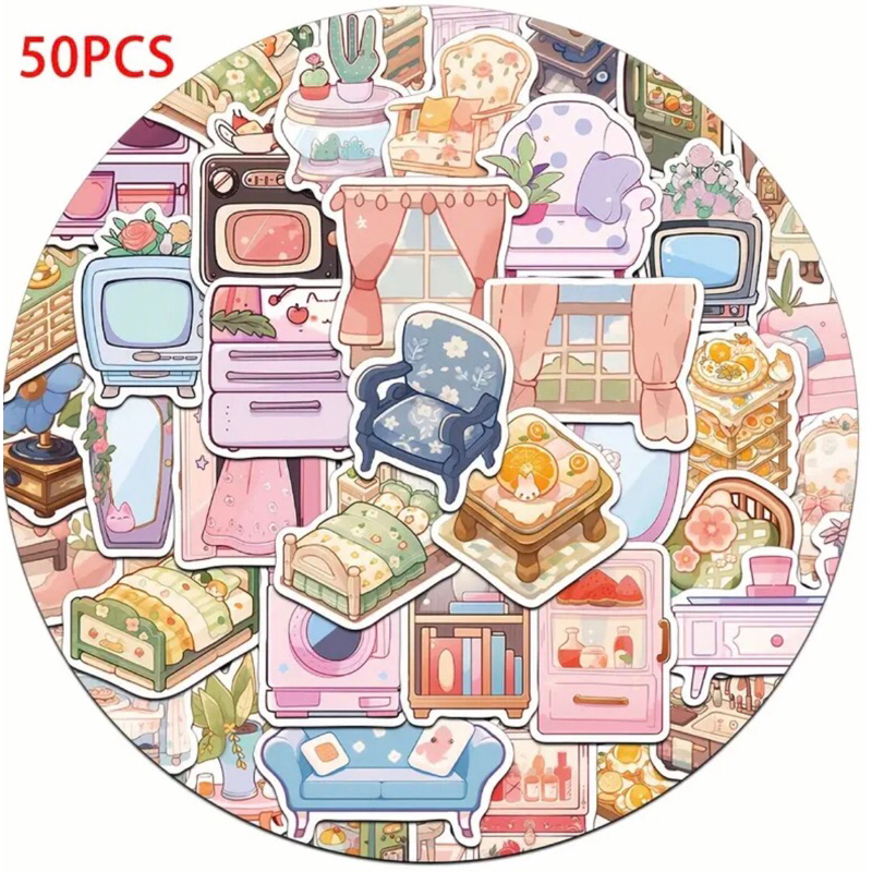 Set 60 sticker đồ dùng trang trí nhà cửa siêu dễ thương