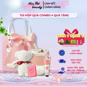 Combo Túi 8 Món Quà Tặng Màu Hồng Xinh Xắn, Set Túi Quà Tặng Ly Cốc Khăn Thiết Kế Sang Trọng, Vân Thỏ Beauty